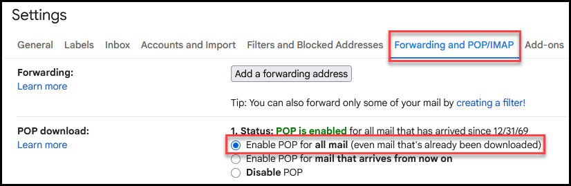 Forwarding and Pop/IMAP tab